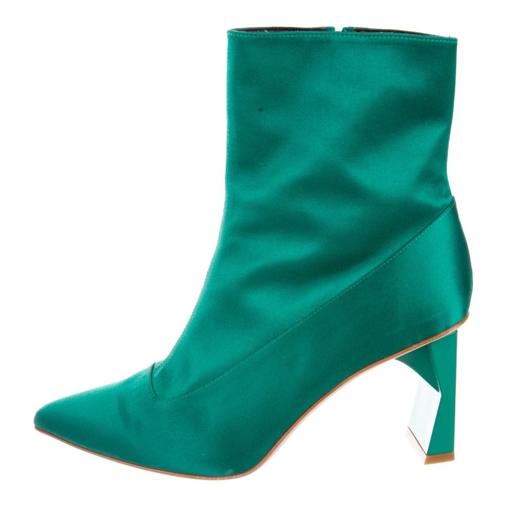 ISO -- Tibi green satin booties boots